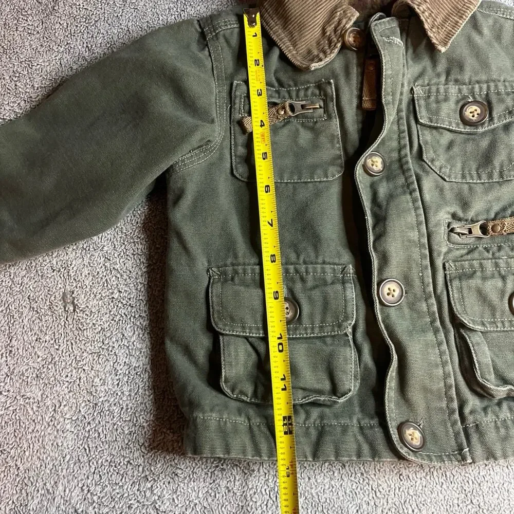 OshKosh B'gosh BabyBoy Green Utility Barn Jacket Corduroy Collar Plaid Lined 12M